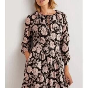 Boden Black/Gold Metallic Floral Notch Neck Ruffle Long Sleeve Dress Size‎ 6